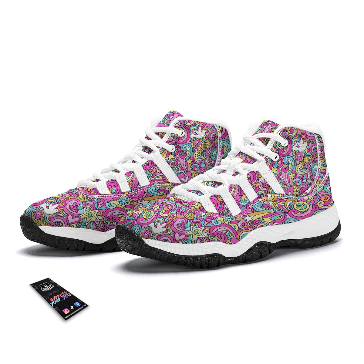 Psychedelic Pattern Print White Bball Shoes-grizzshop