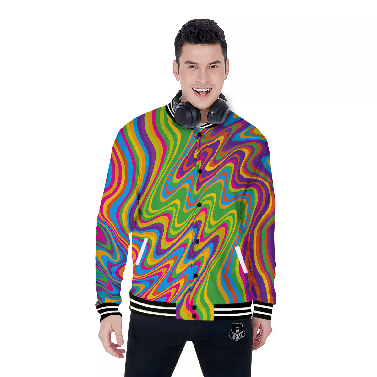 Psychedelic Rainbow Print Pattern Baseball Jacket-grizzshop