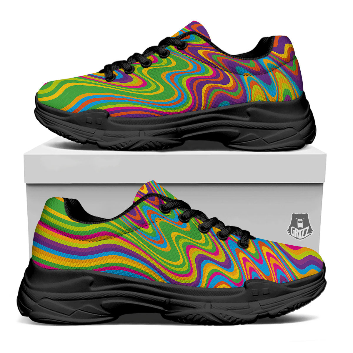 Psychedelic Rainbow Print Pattern Black Chunky Shoes-grizzshop
