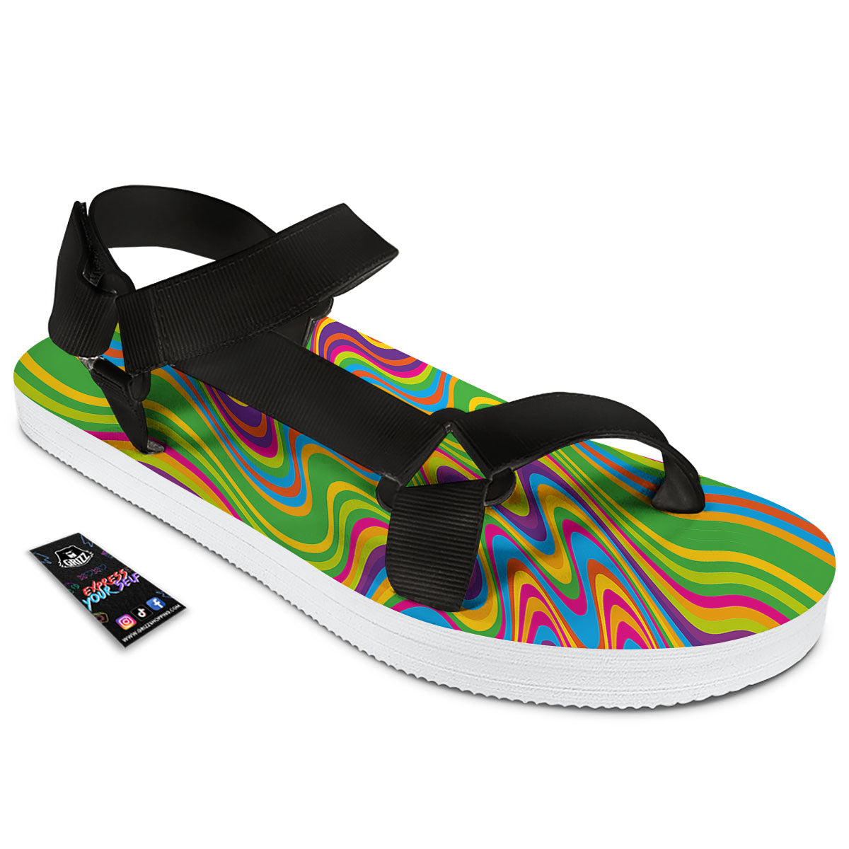 Psychedelic Rainbow Print Pattern Black Open Toe Sandals-grizzshop