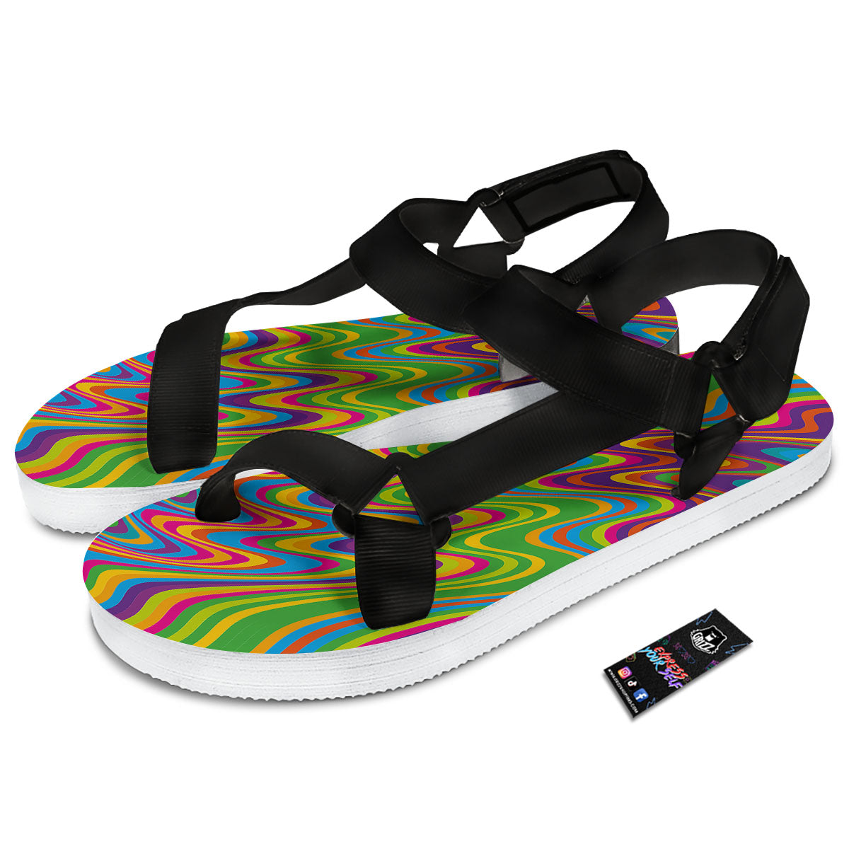 Psychedelic Rainbow Print Pattern Black Open Toe Sandals-grizzshop