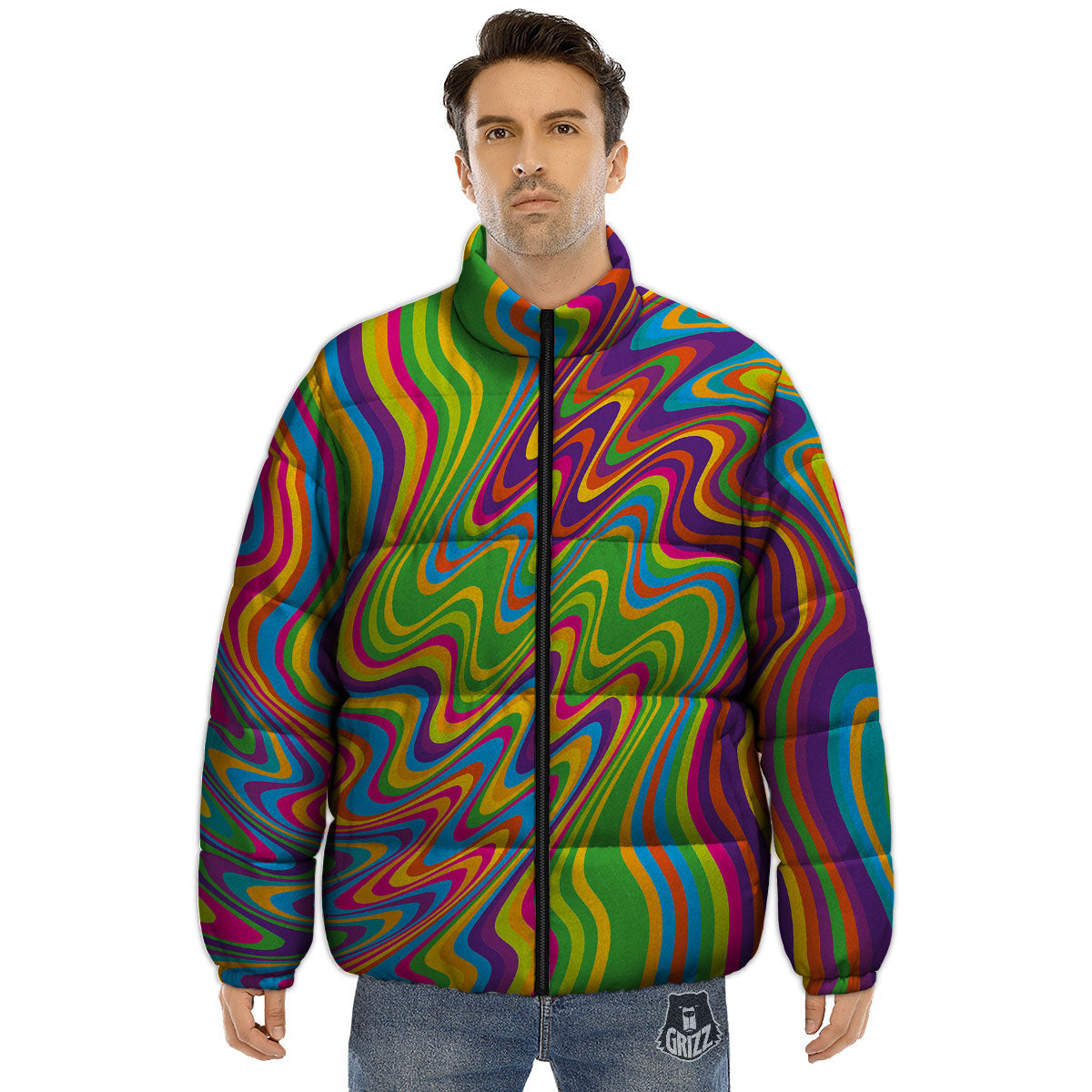Psychedelic Rainbow Print Pattern Puffer Jacket-grizzshop
