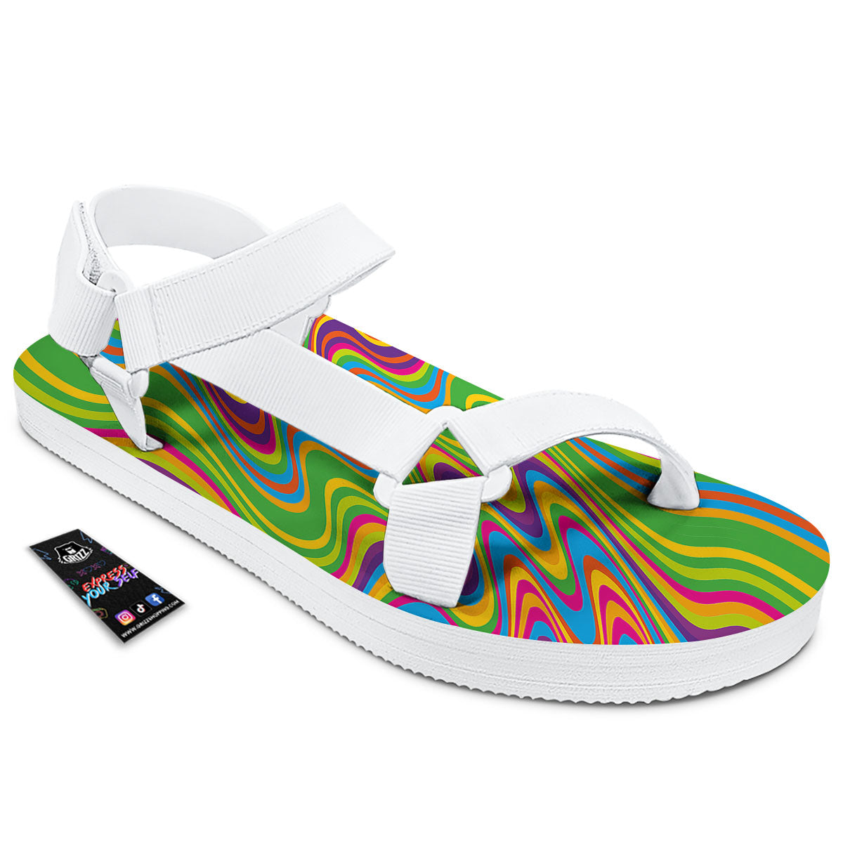 Psychedelic Rainbow Print Pattern White Open Toe Sandals-grizzshop