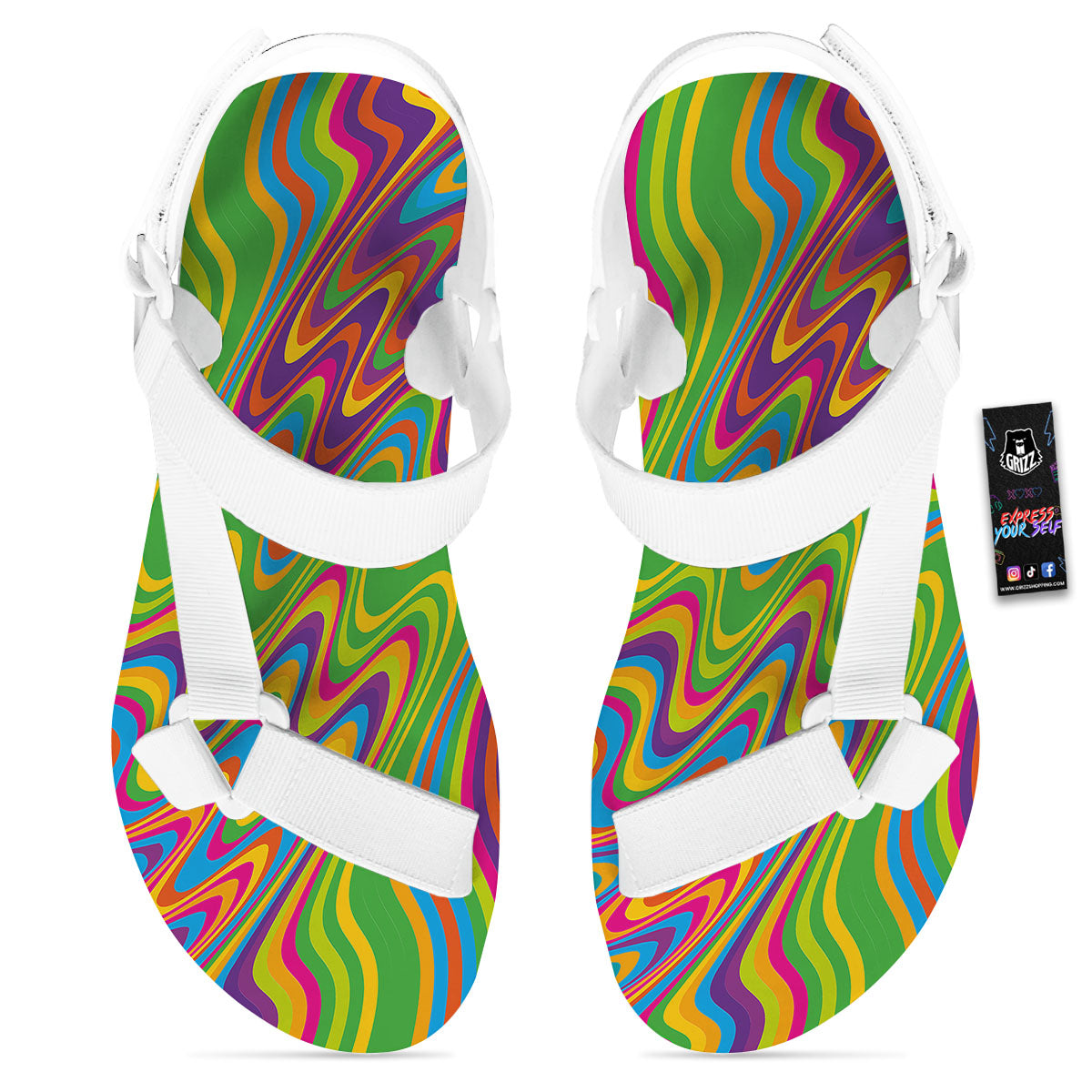 Psychedelic Rainbow Print Pattern White Open Toe Sandals-grizzshop