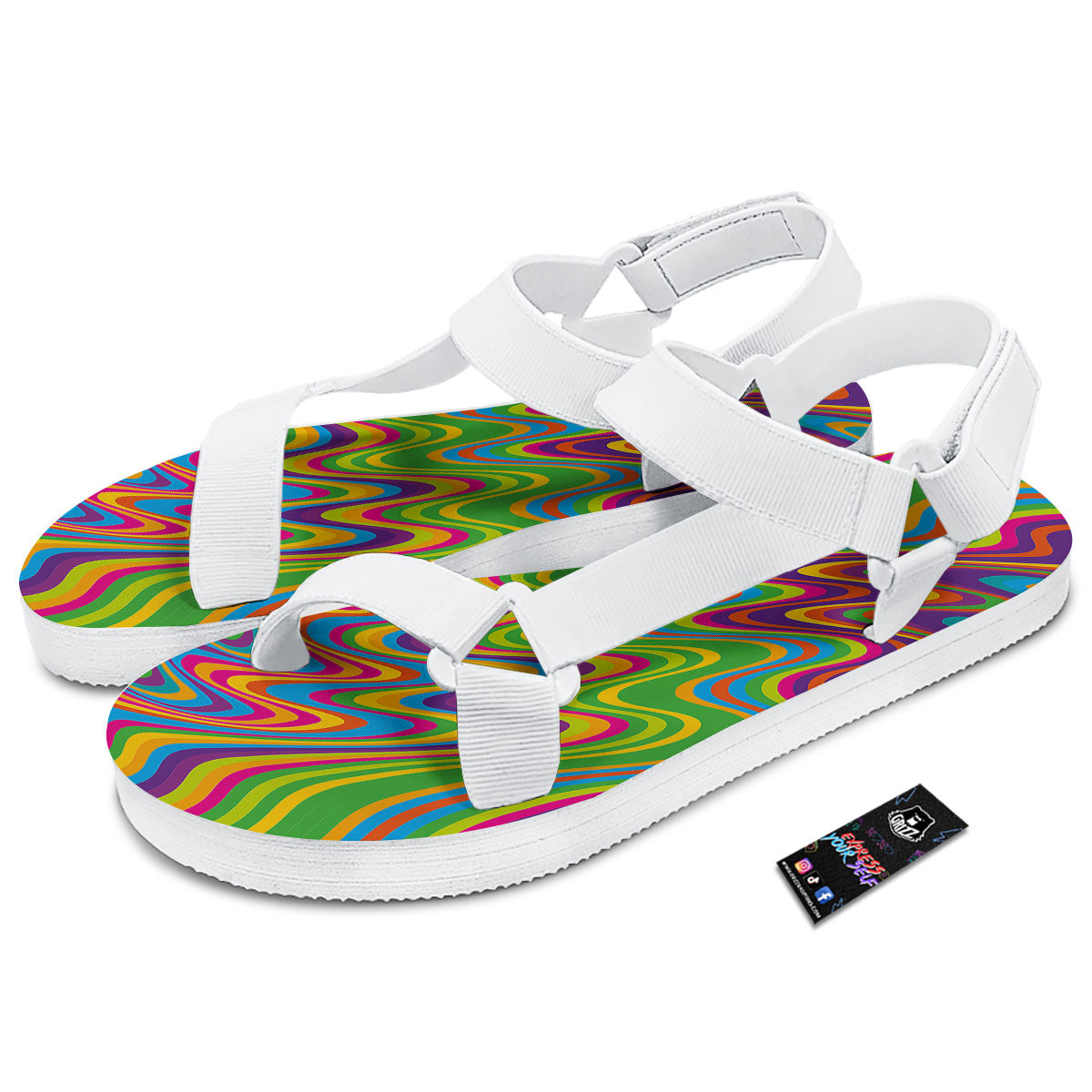 Psychedelic Rainbow Print Pattern White Open Toe Sandals-grizzshop