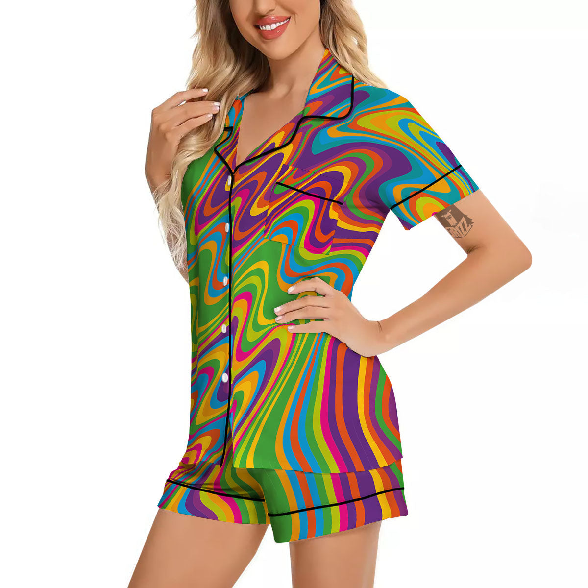 Psychedelic Rainbow Print Pattern Women Silk Pajamas-grizzshop