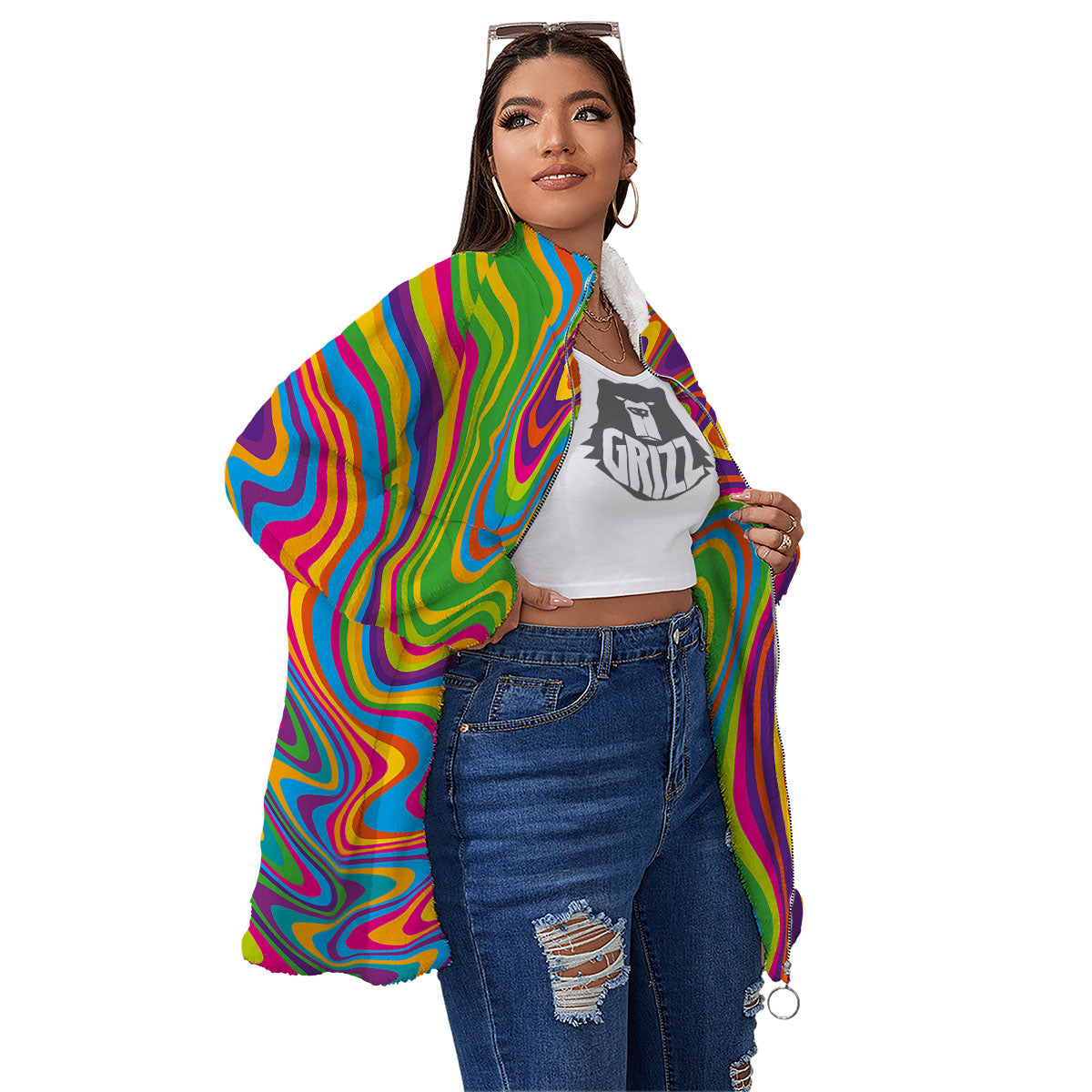 Psychedelic Rainbow Print Pattern Women's Sherpa Jacket-grizzshop