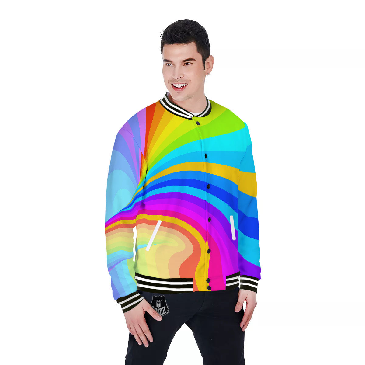 Psychedelic Rainbow Torus Print Baseball Jacket-grizzshop