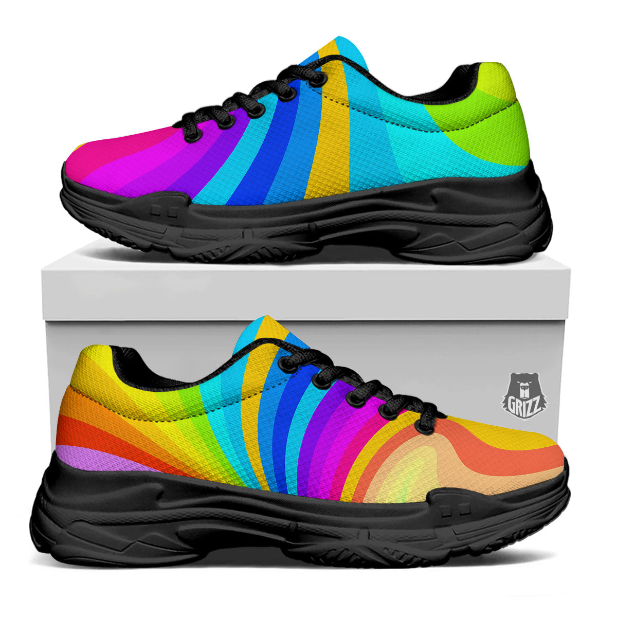 Psychedelic Rainbow Torus Print Black Chunky Shoes-grizzshop