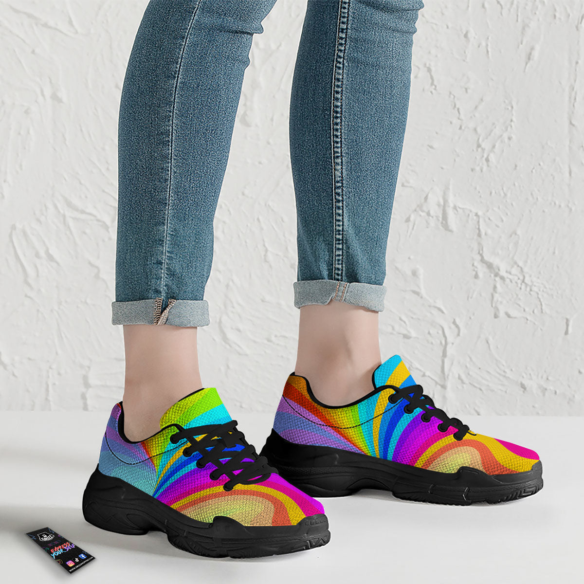 Psychedelic Rainbow Torus Print Black Chunky Shoes-grizzshop