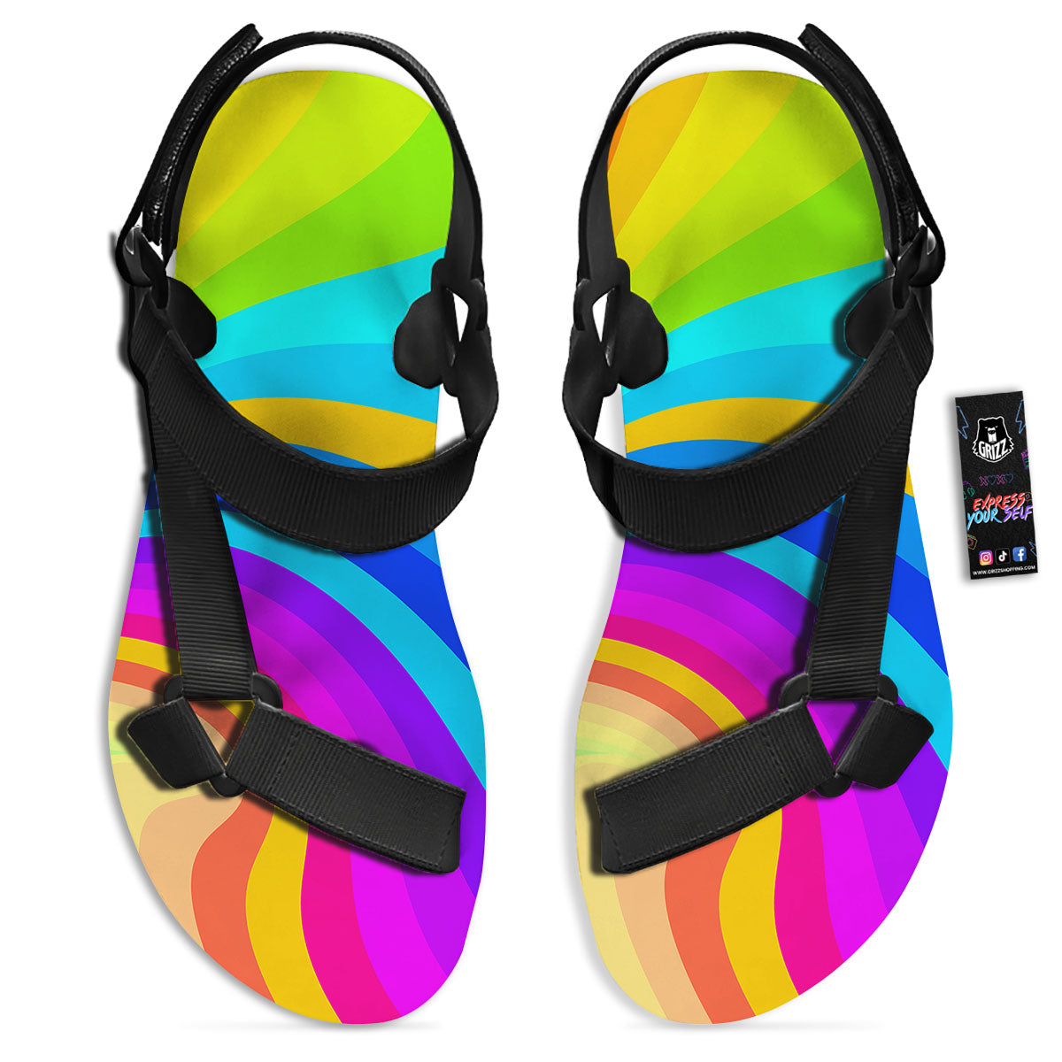 Psychedelic Rainbow Torus Print Black Open Toe Sandals-grizzshop
