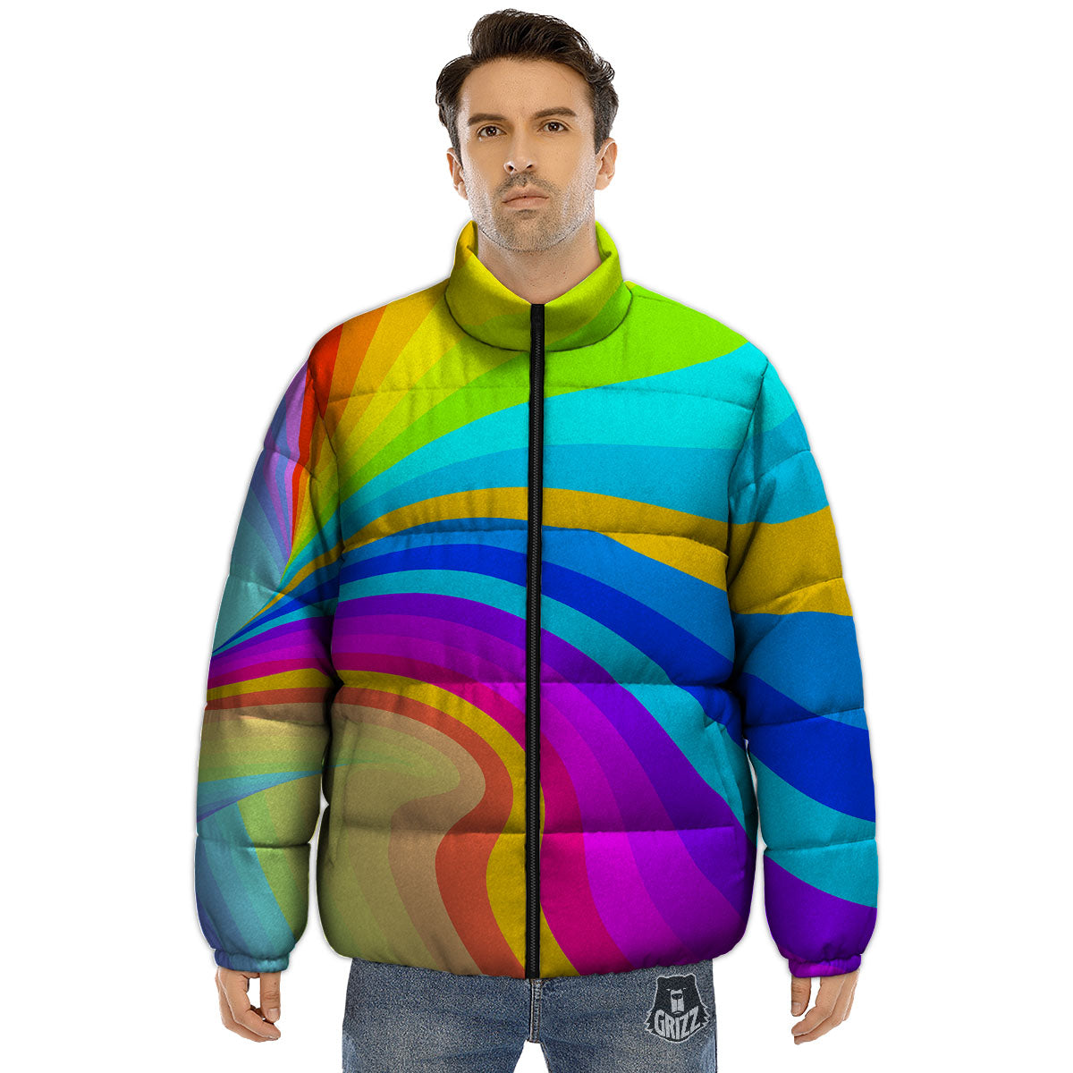 Psychedelic Rainbow Torus Print Puffer Jacket-grizzshop