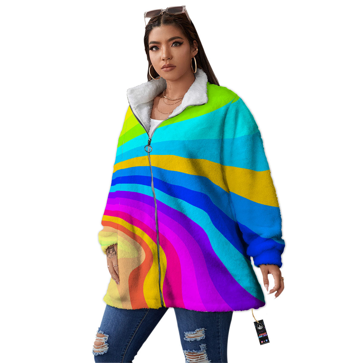 Psychedelic Rainbow Torus Print Women's Sherpa Jacket-grizzshop