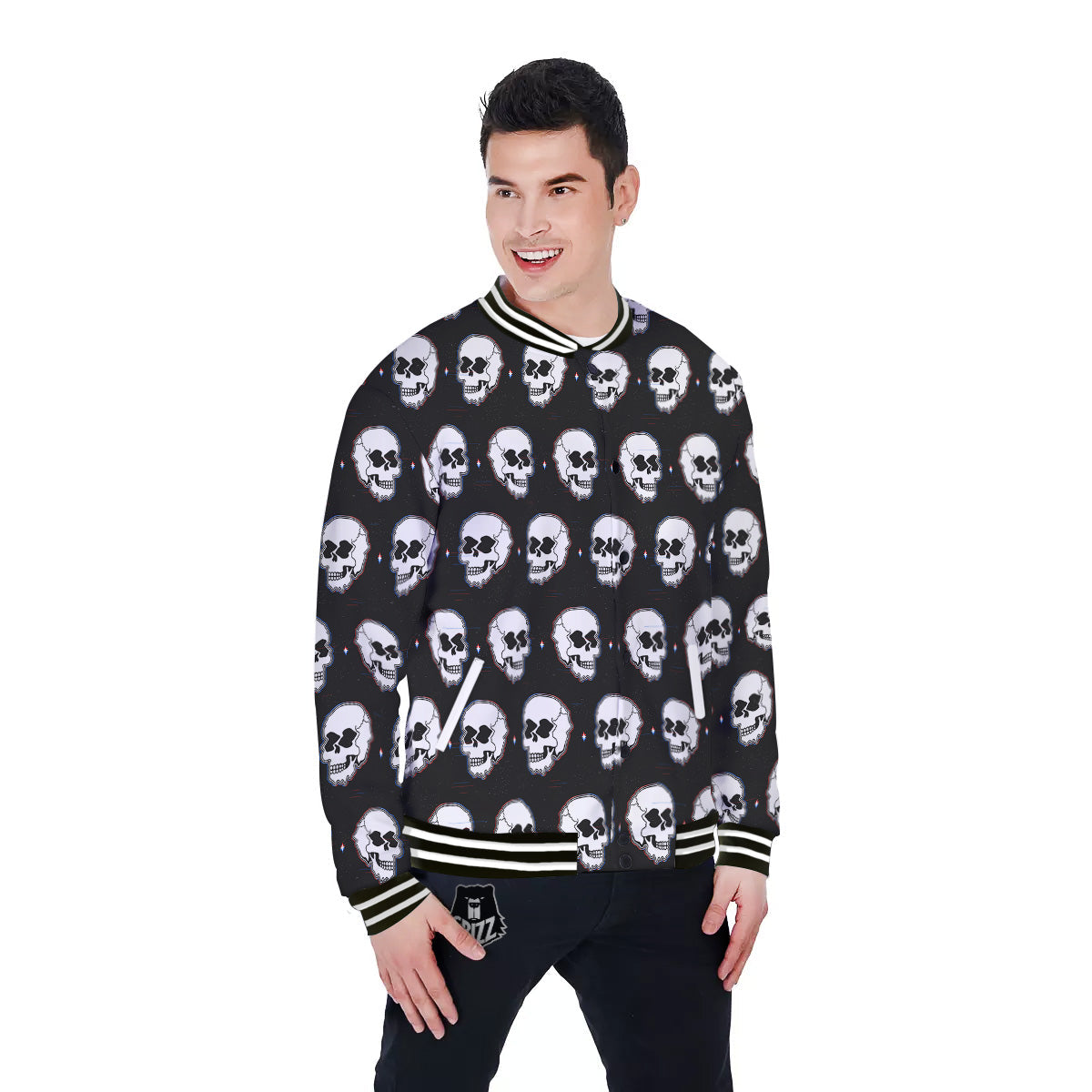 Psychedelic Skull Glitch Print Pattern Baseball Jacket-grizzshop