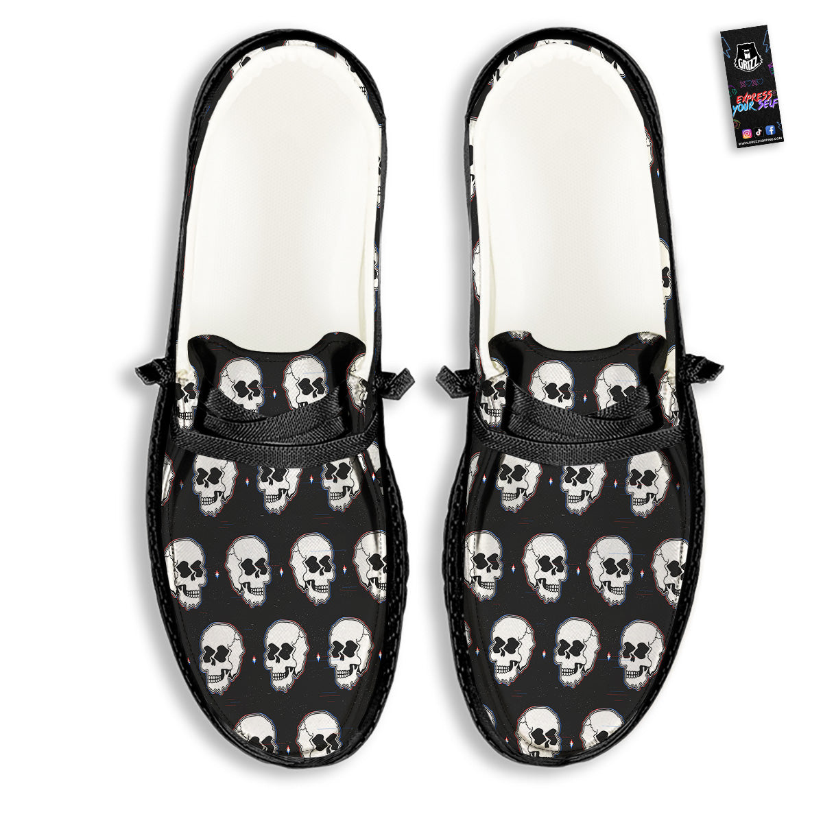 Psychedelic Skull Glitch Print Pattern Black Loafers-grizzshop