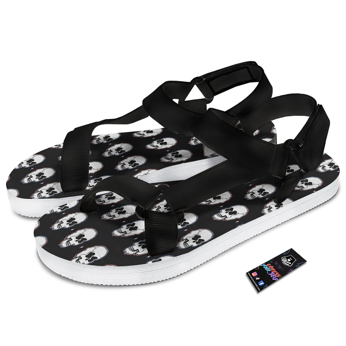 Psychedelic Skull Glitch Print Pattern Black Open Toe Sandals-grizzshop