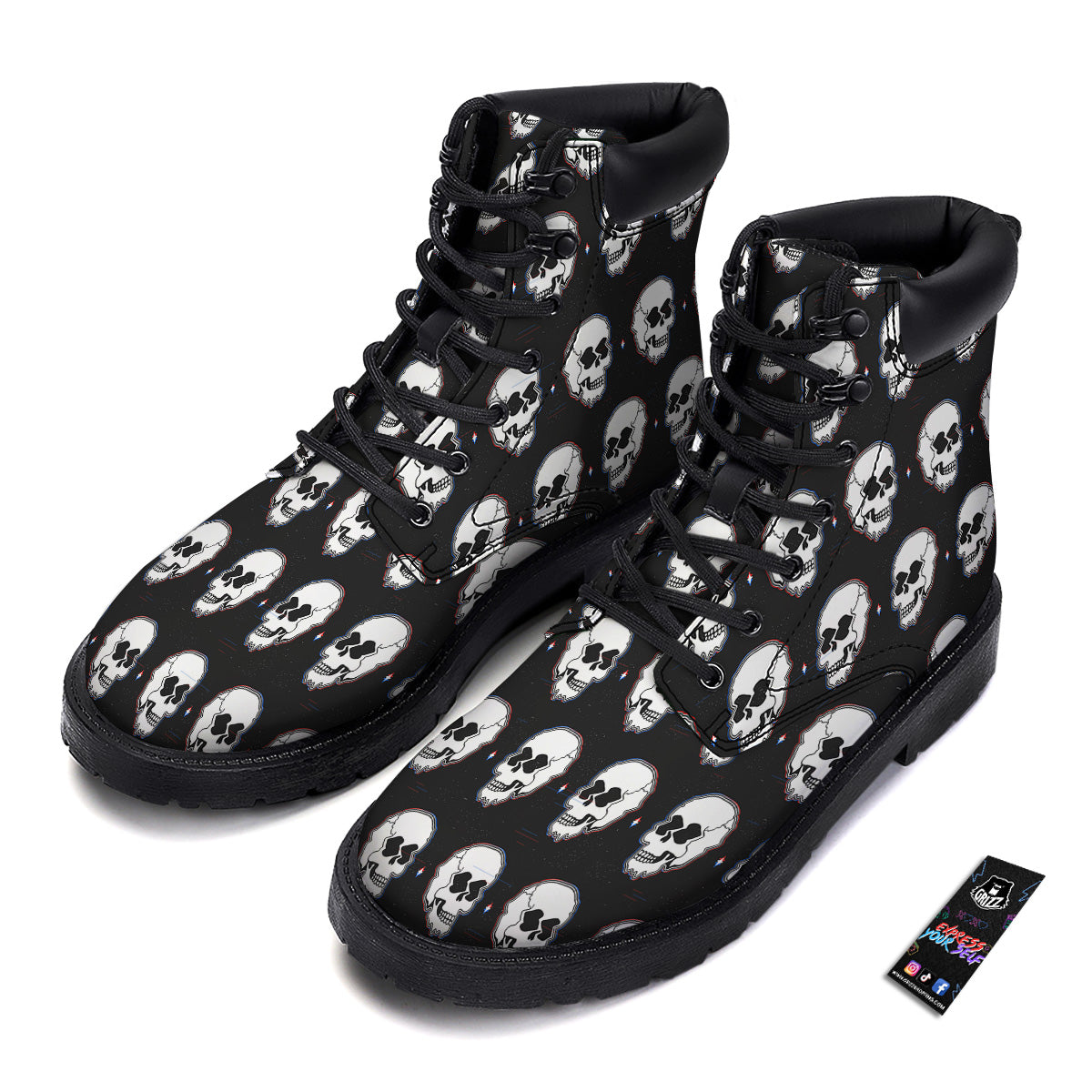 Psychedelic Skull Glitch Print Pattern Boots-grizzshop