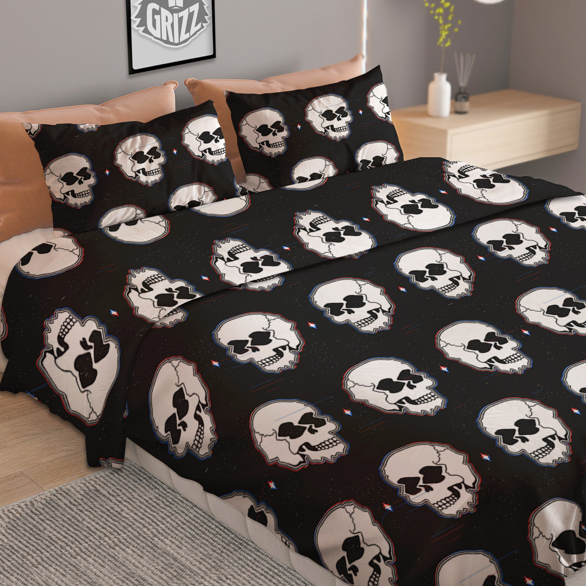 Psychedelic Skull Glitch Print Pattern Duvet Cover Bedding Set