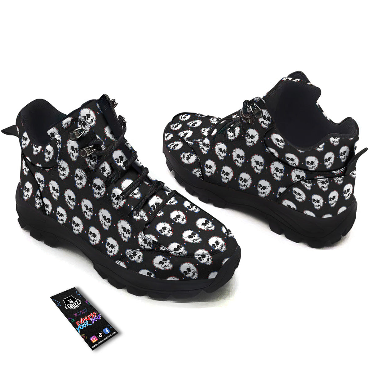 Psychedelic Skull Glitch Print Pattern Hiking Shoes-grizzshop