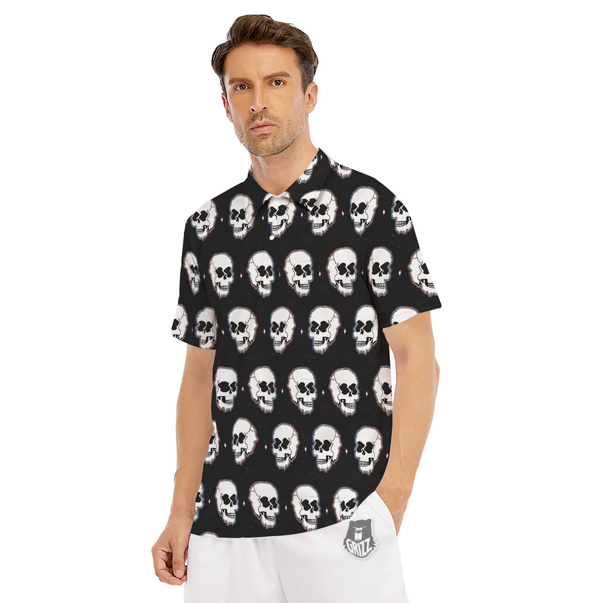 Psychedelic Skull Glitch Print Pattern Men's Golf Shirts-grizzshop