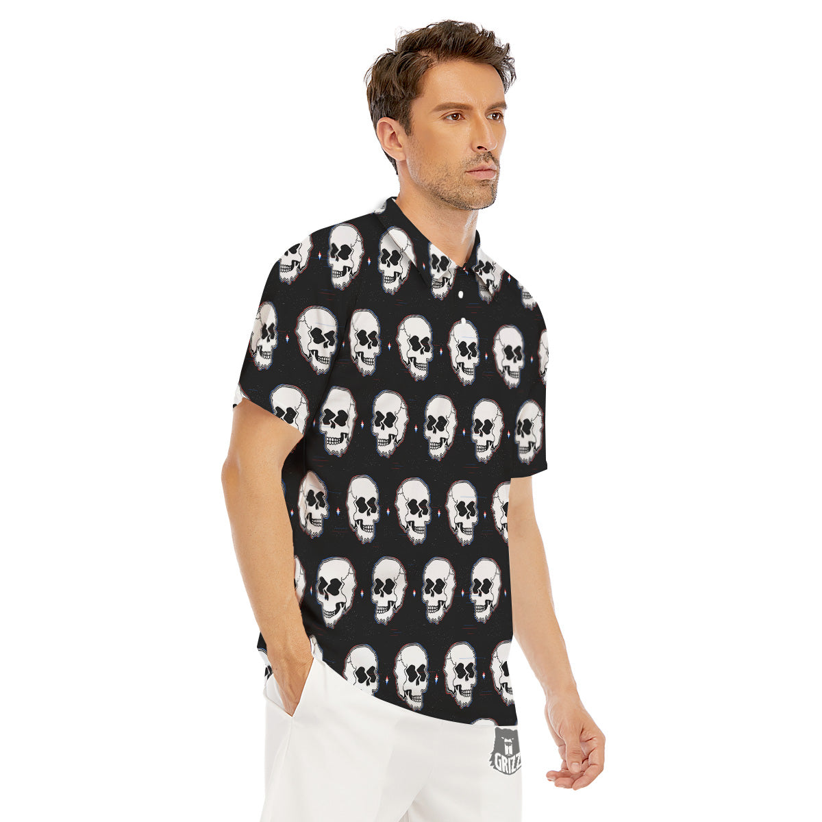 Psychedelic Skull Glitch Print Pattern Men's Golf Shirts-grizzshop