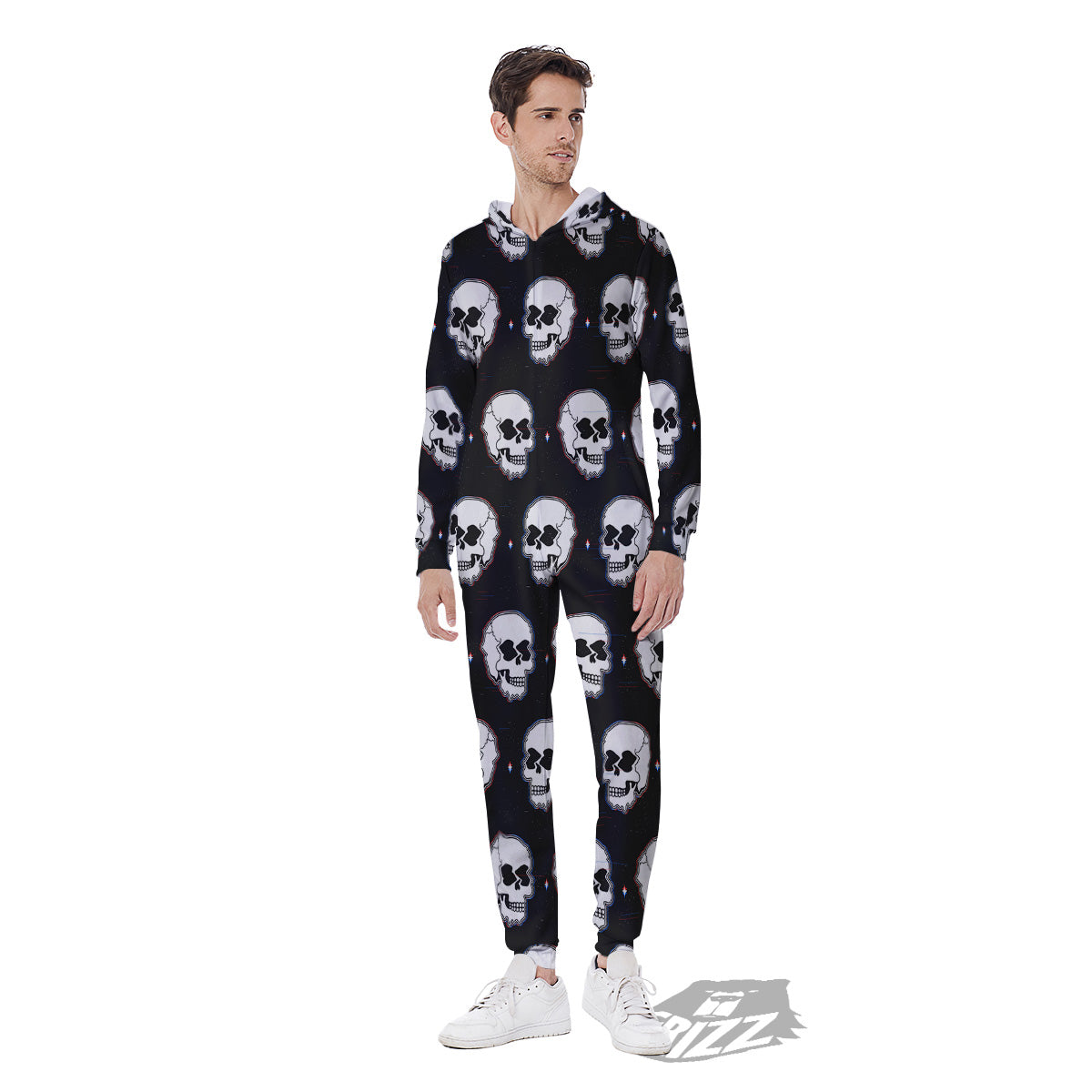 Psychedelic Skull Glitch Print Pattern Men's Jumpsuit-grizzshop