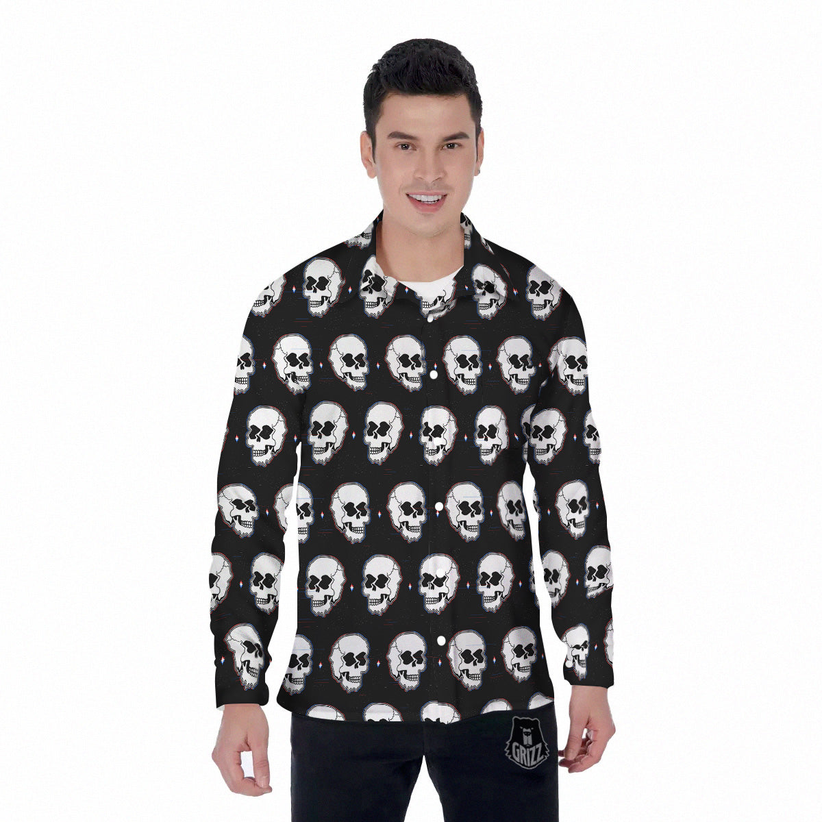 Psychedelic Skull Glitch Print Pattern Men's Long Sleeve Shirts-grizzshop