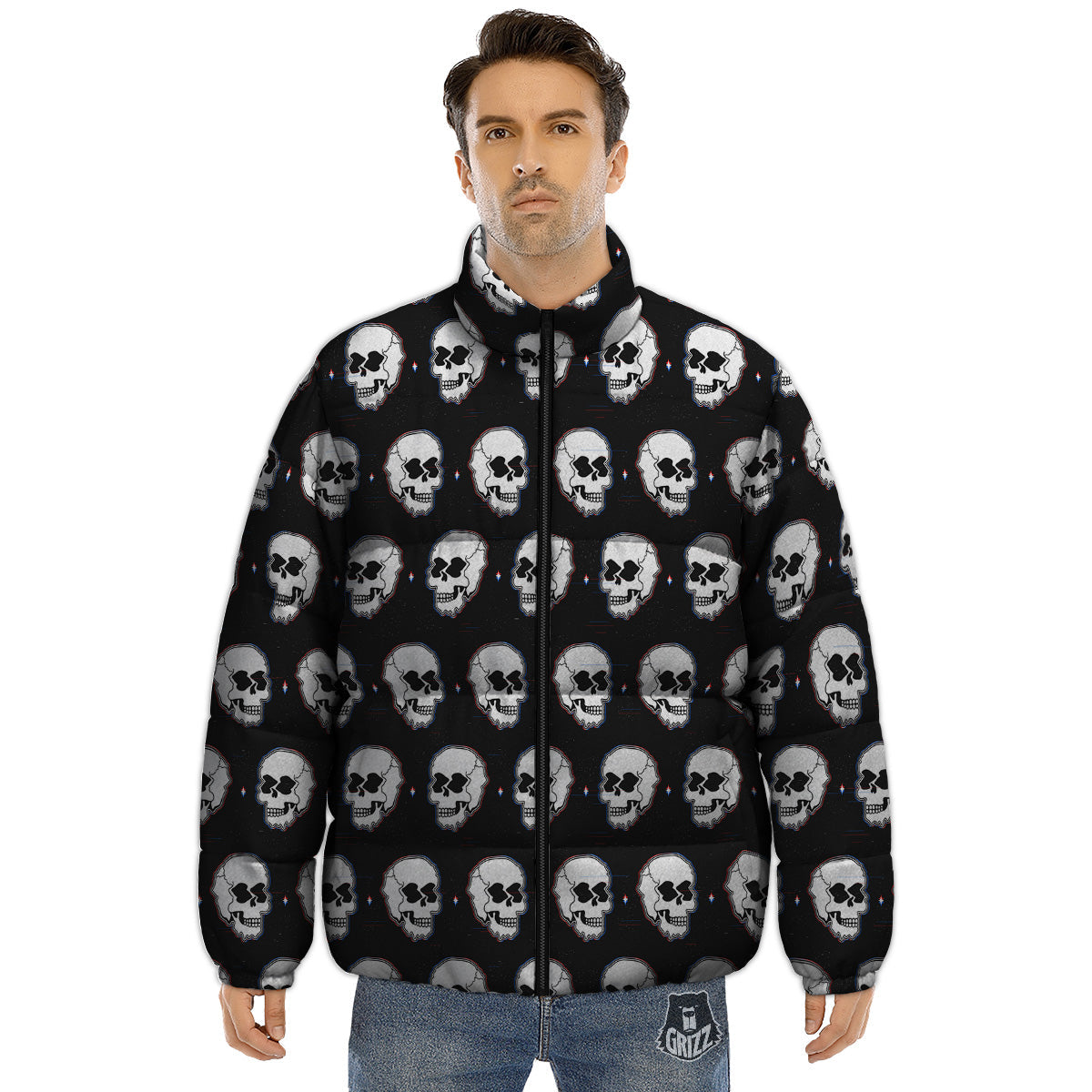 Psychedelic Skull Glitch Print Pattern Puffer Jacket-grizzshop