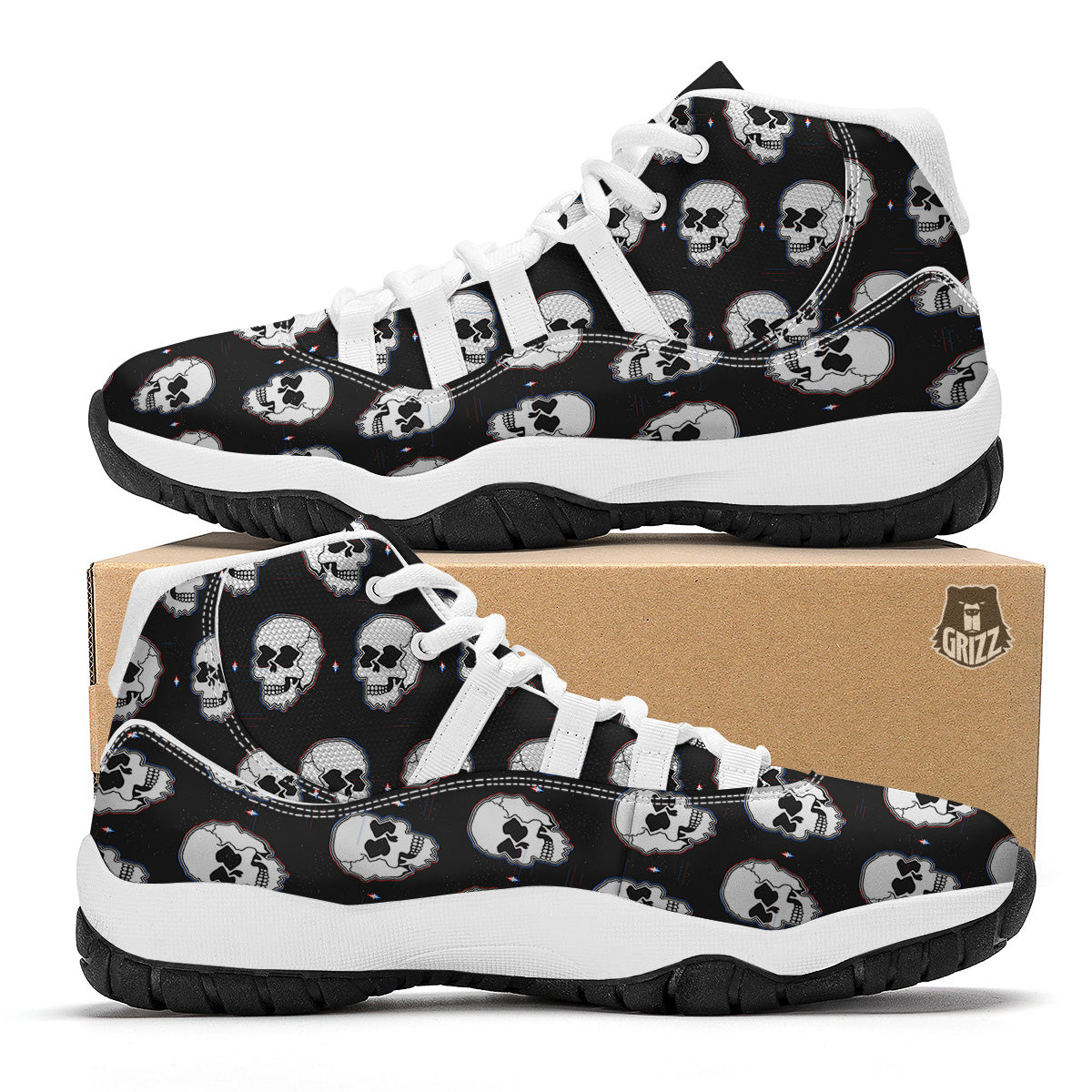 Psychedelic Skull Glitch Print Pattern White Bball Shoes-grizzshop
