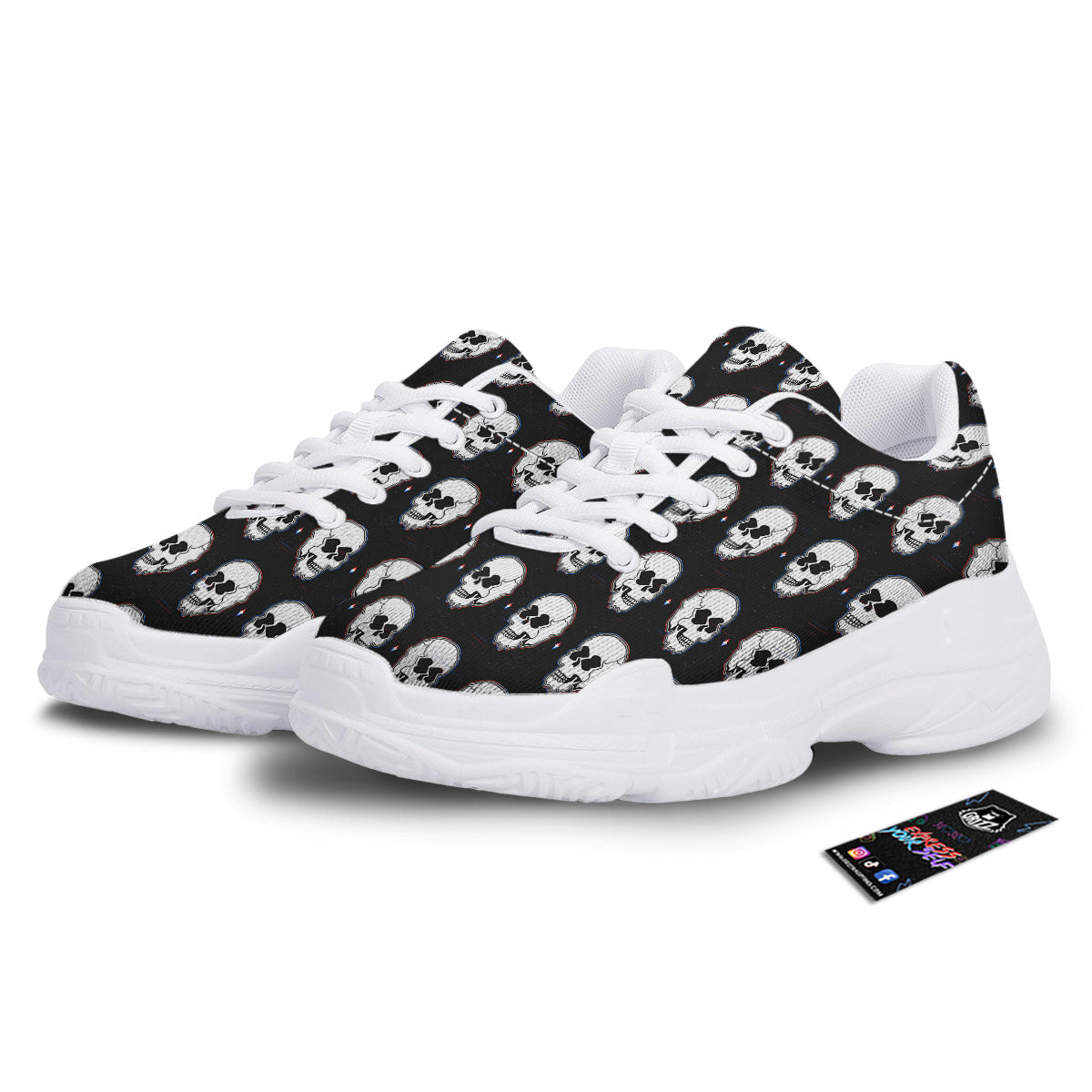 Psychedelic Skull Glitch Print Pattern White Chunky Shoes-grizzshop