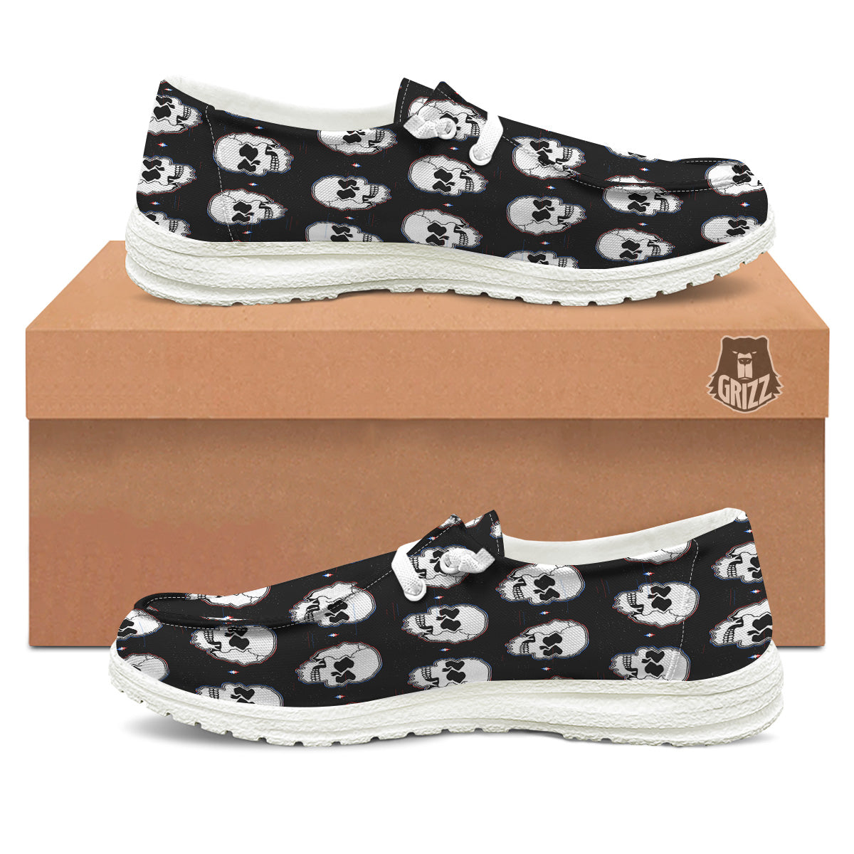 Psychedelic Skull Glitch Print Pattern White Loafers-grizzshop