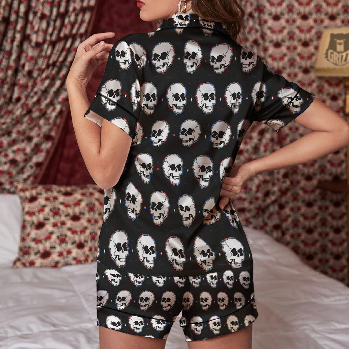 Psychedelic Skull Glitch Print Pattern Women Silk Pajamas-grizzshop