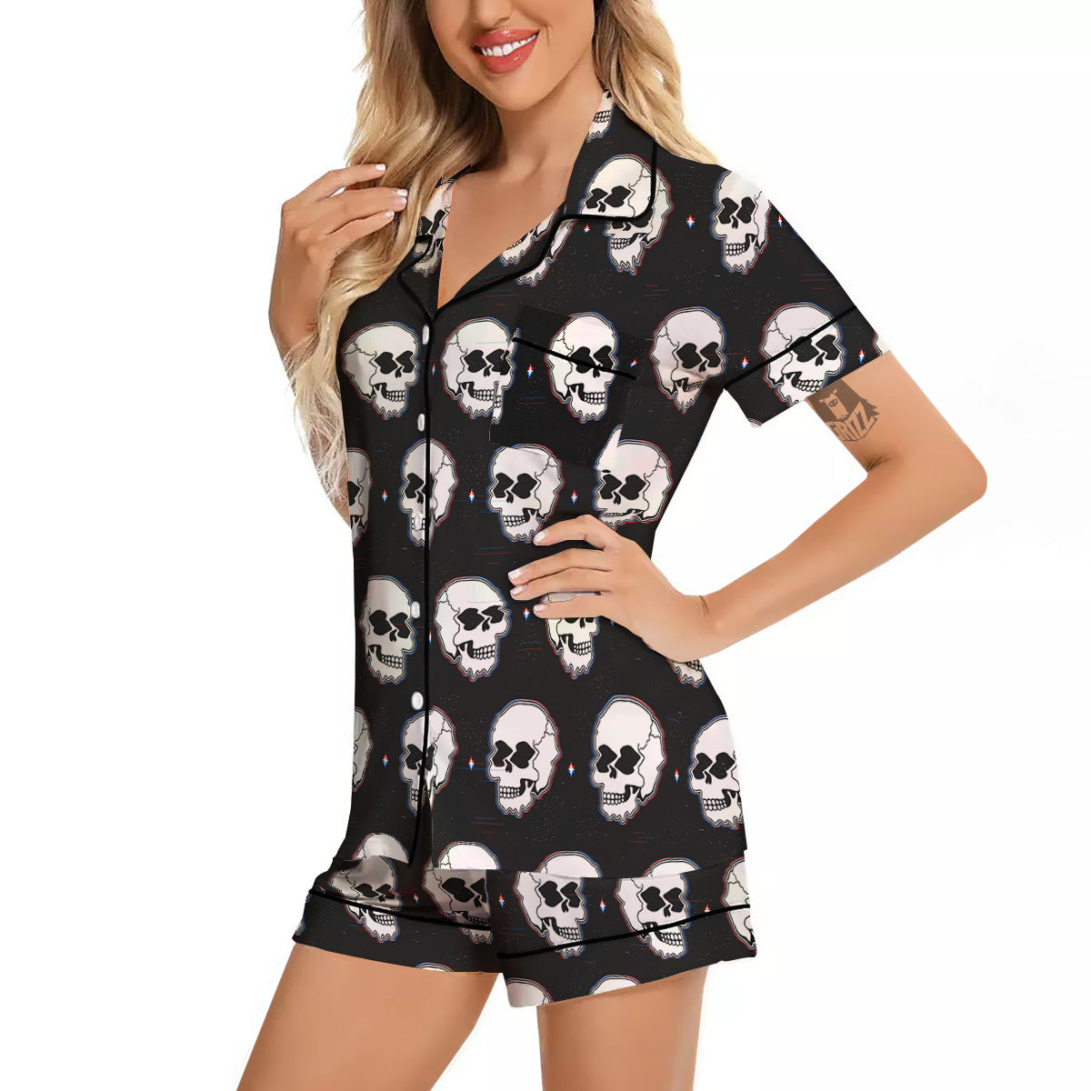 Psychedelic Skull Glitch Print Pattern Women Silk Pajamas-grizzshop