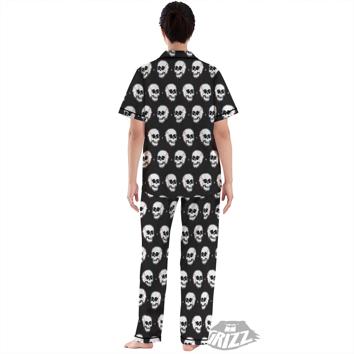 Psychedelic Skull Glitch Print Pattern Women's Pajamas Set-grizzshop