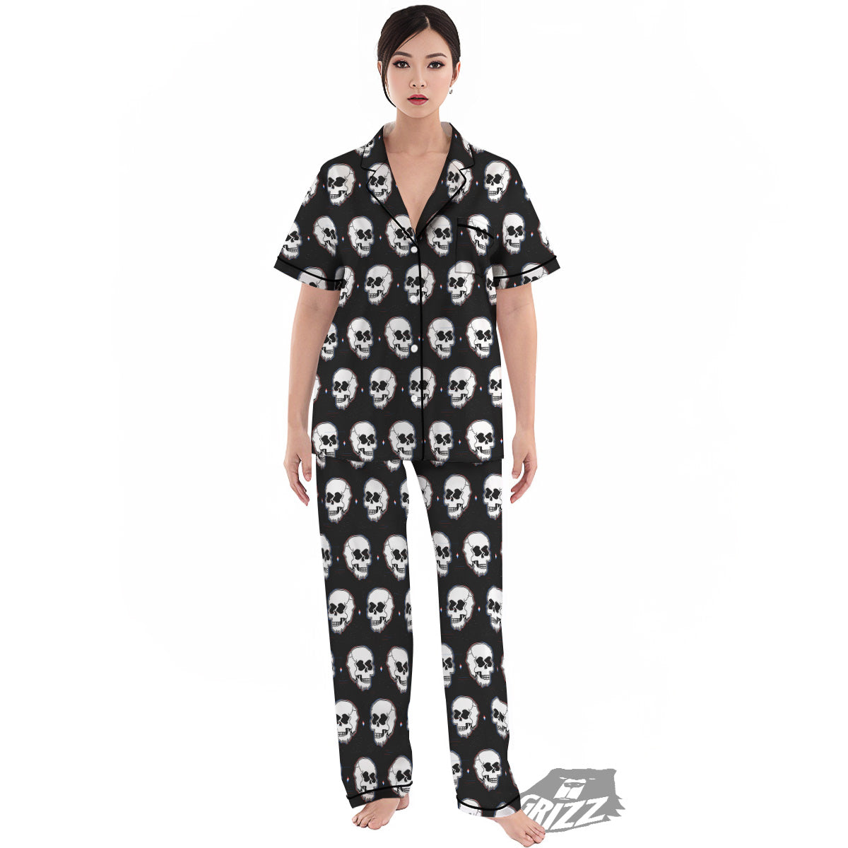 Psychedelic Skull Glitch Print Pattern Women's Pajamas Set-grizzshop