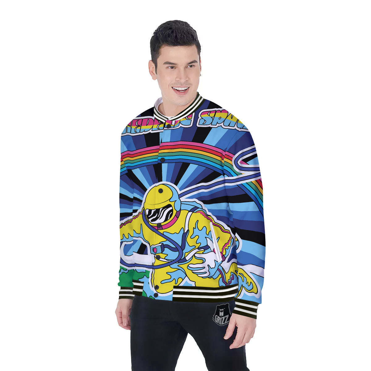 Psychedelic Space And Astronaut Print Baseball Jacket-grizzshop