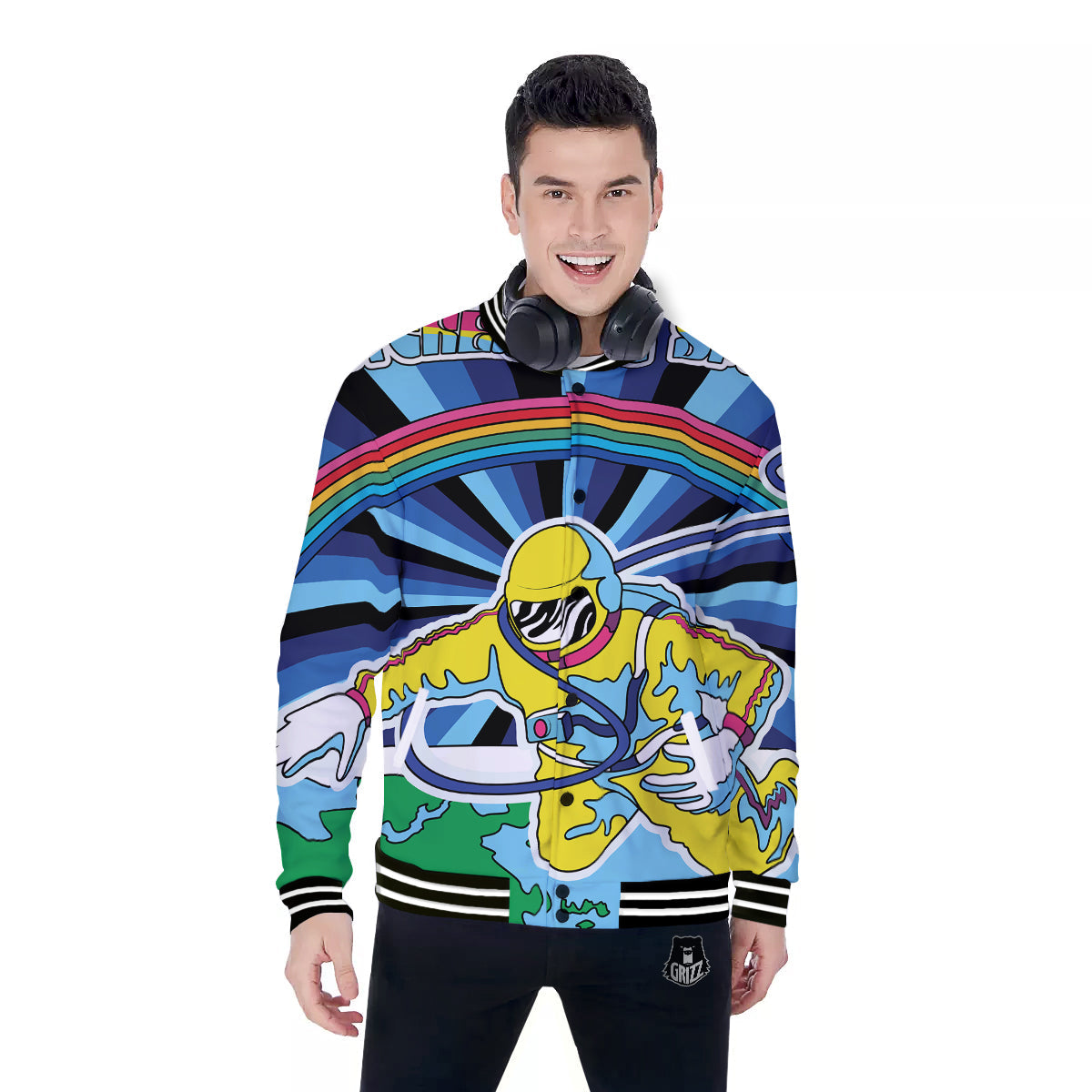 Psychedelic Space And Astronaut Print Baseball Jacket-grizzshop
