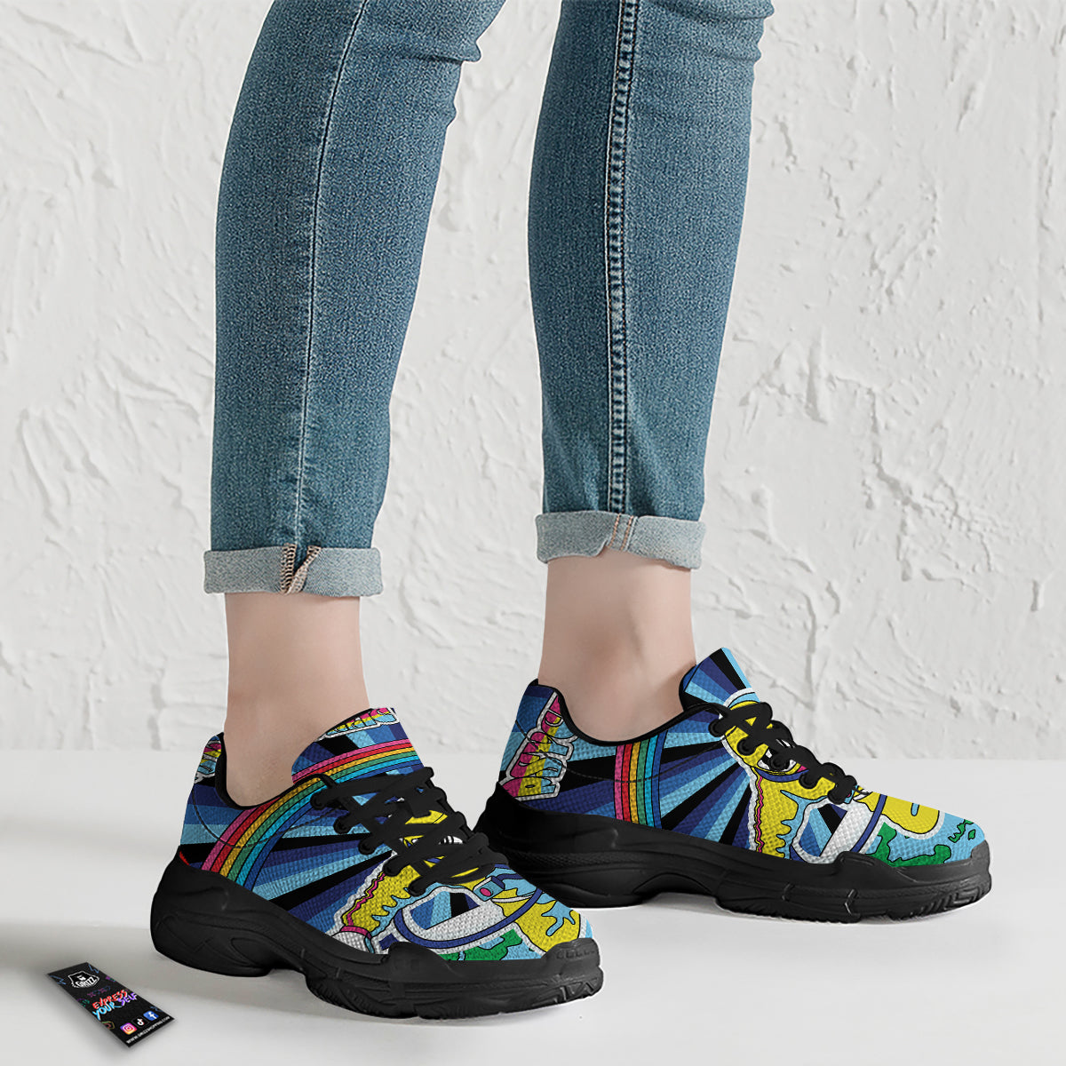 Psychedelic Space And Astronaut Print Black Chunky Shoes-grizzshop