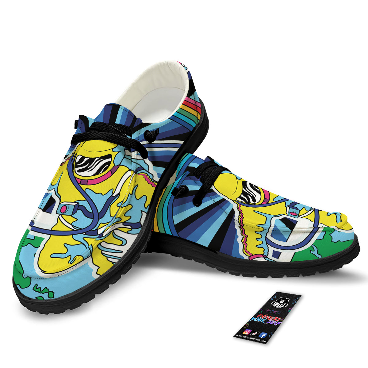 Psychedelic Space And Astronaut Print Black Loafers-grizzshop