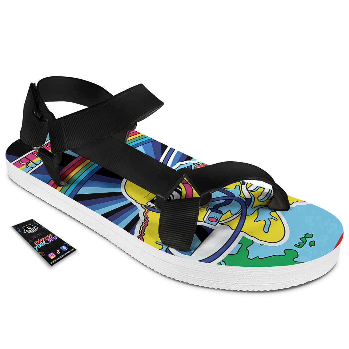 Psychedelic Space And Astronaut Print Black Open Toe Sandals-grizzshop