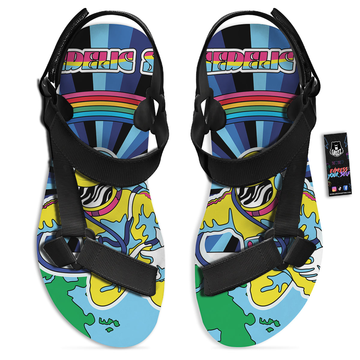 Psychedelic Space And Astronaut Print Black Open Toe Sandals-grizzshop