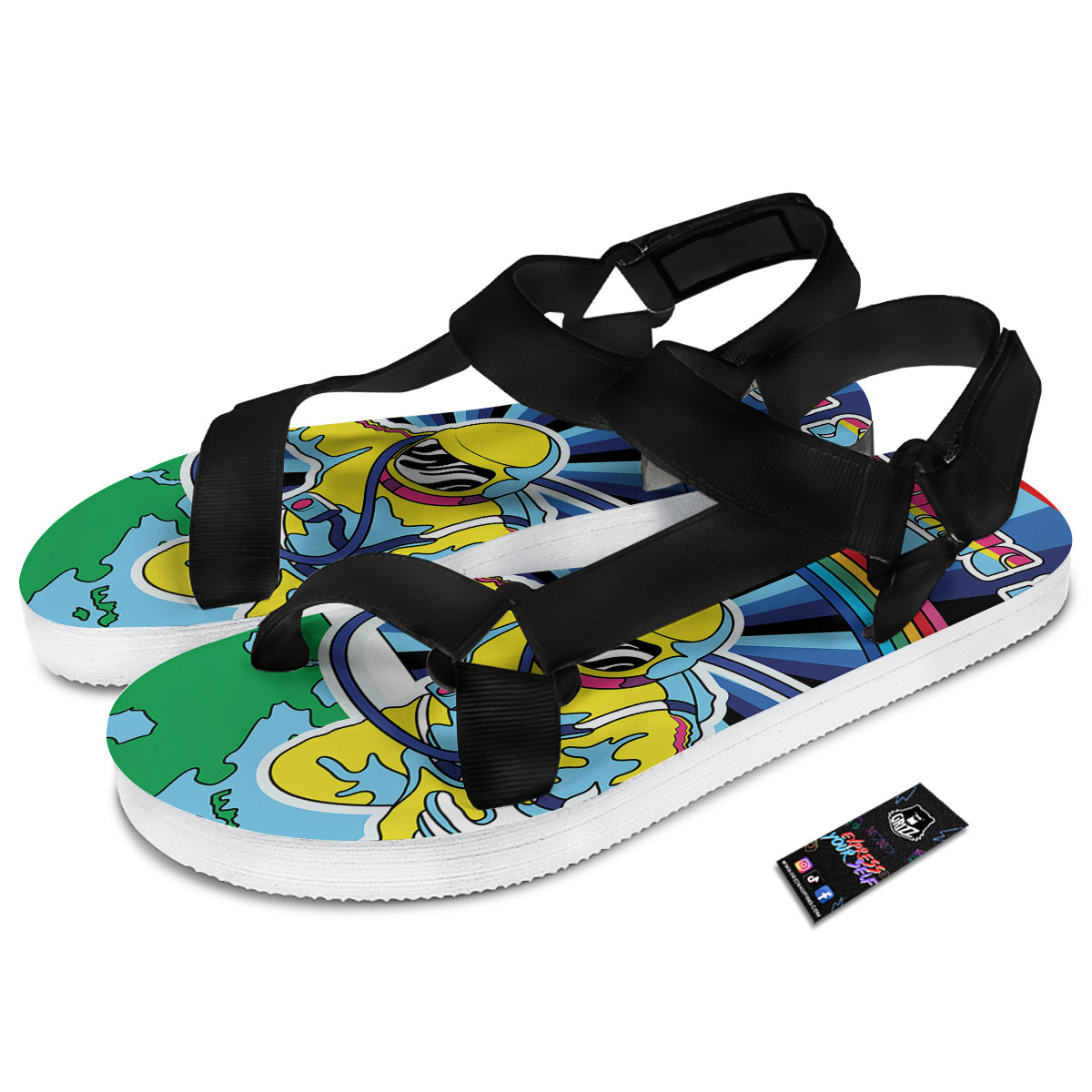Psychedelic Space And Astronaut Print Black Open Toe Sandals-grizzshop