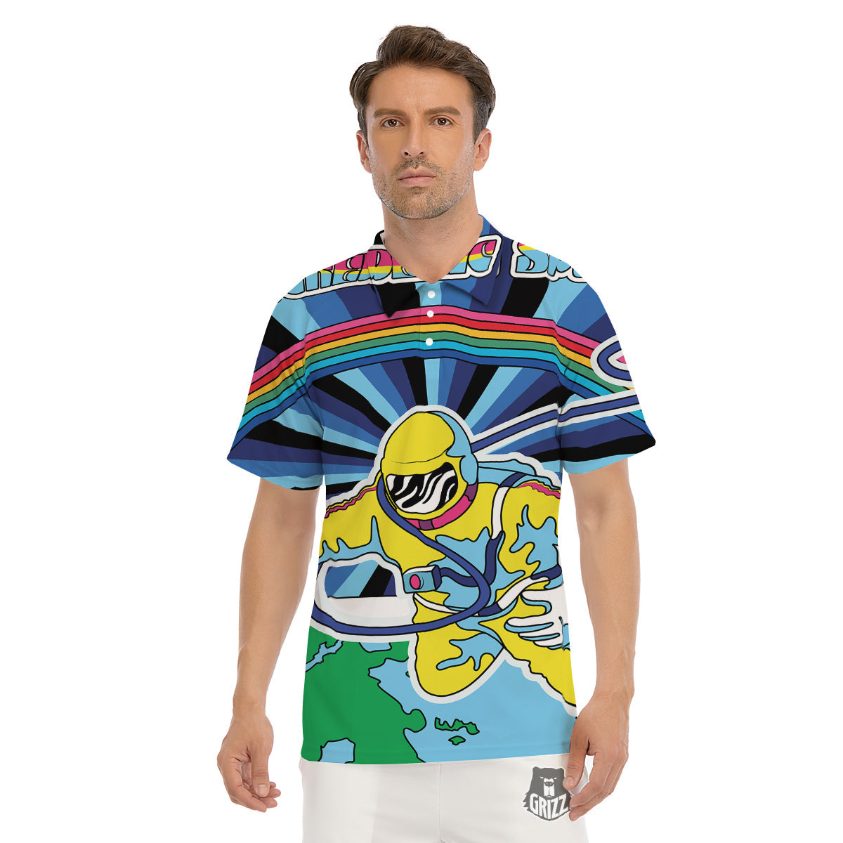 Psychedelic Space And Astronaut Print Men's Golf Shirts-grizzshop