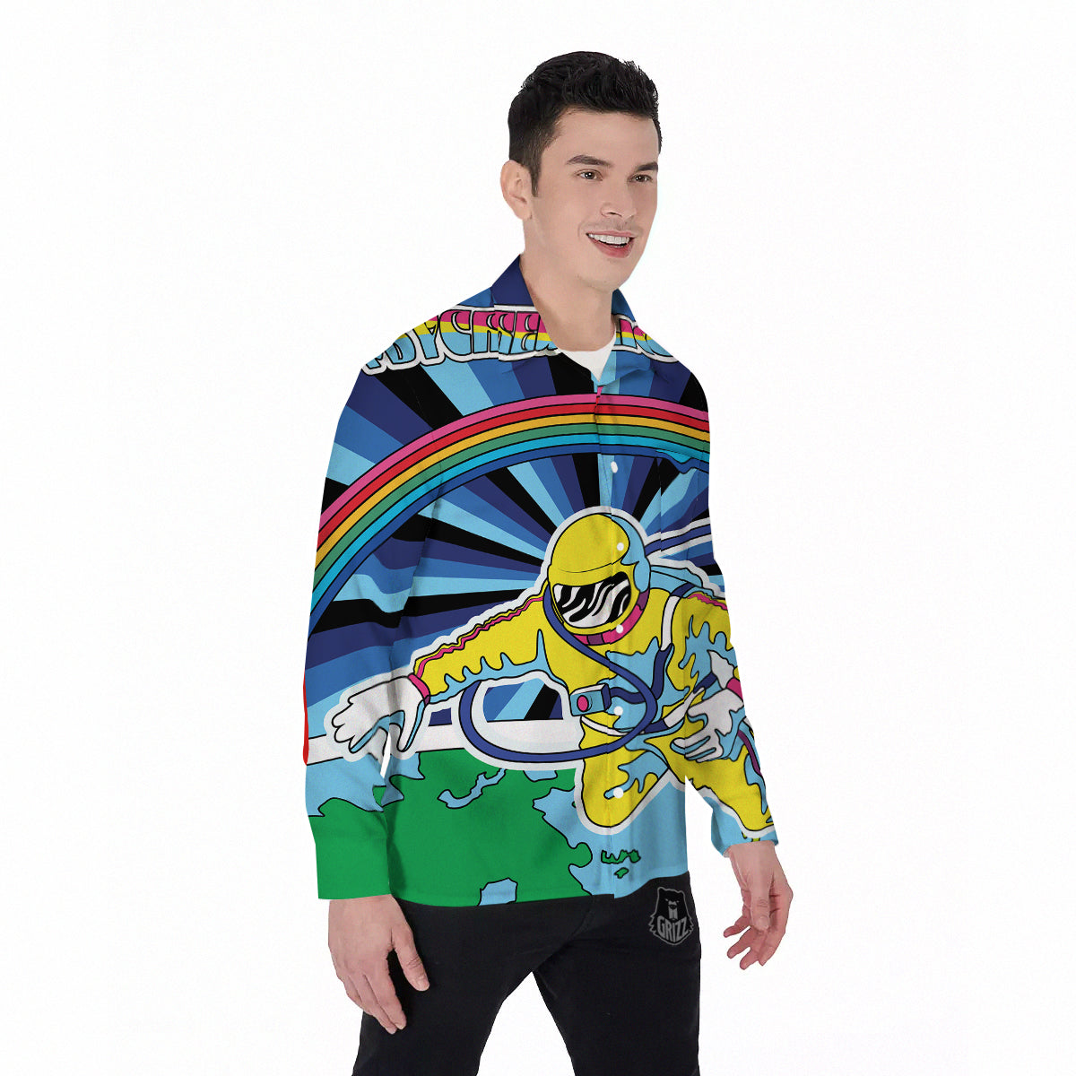 Psychedelic Space And Astronaut Print Men's Long Sleeve Shirts-grizzshop