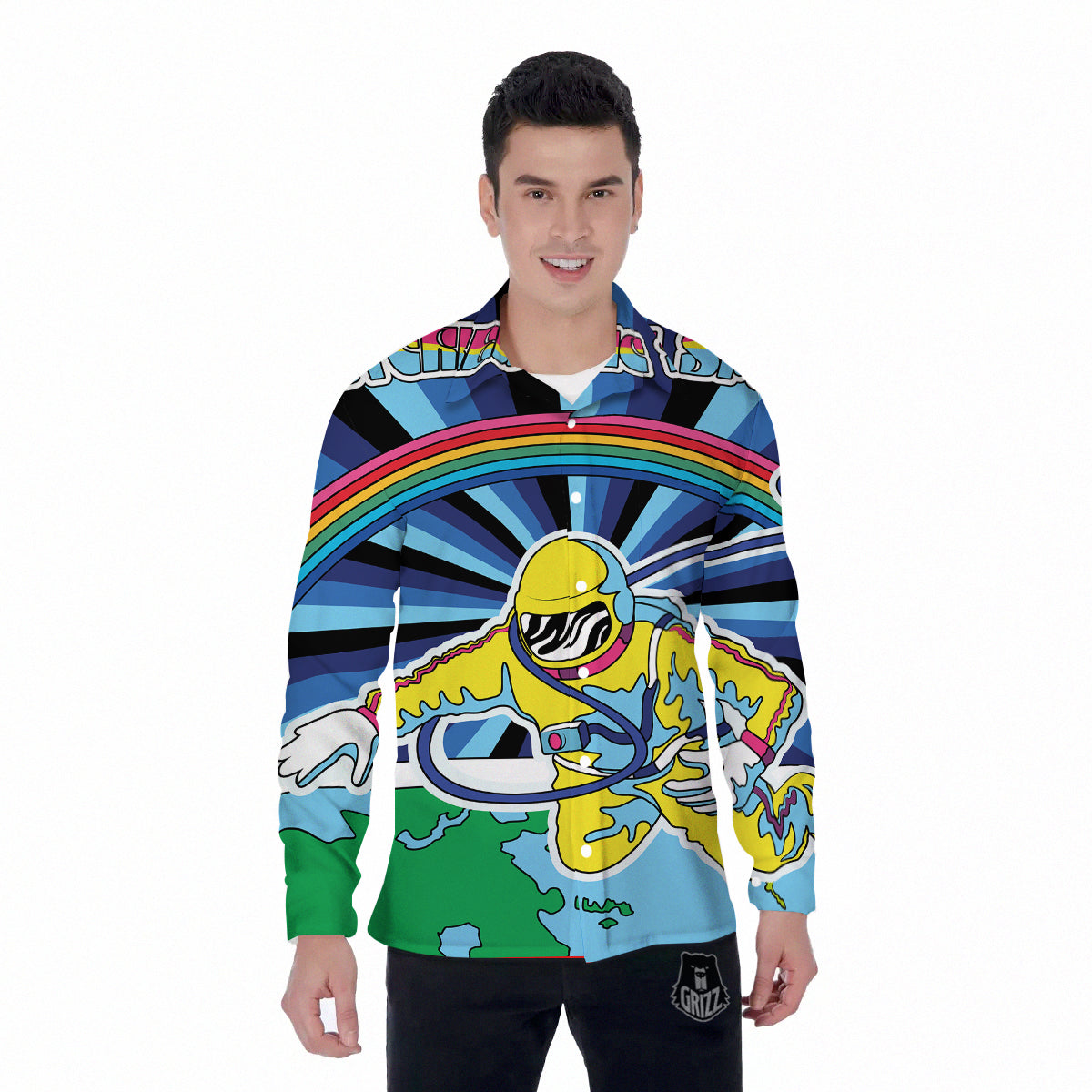 Psychedelic Space And Astronaut Print Men's Long Sleeve Shirts-grizzshop