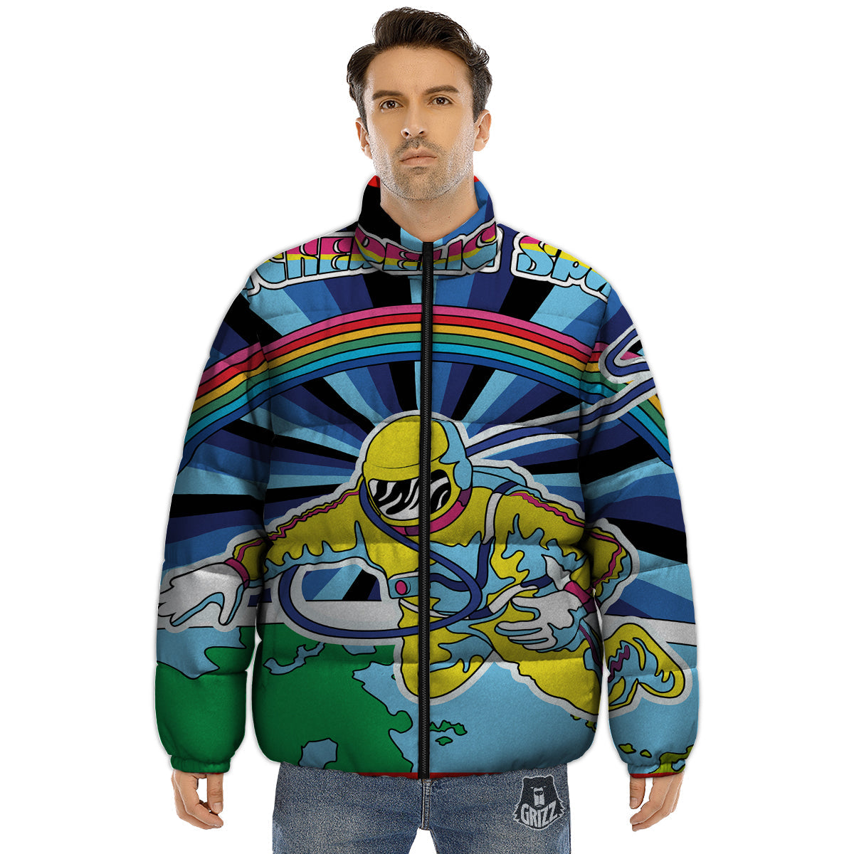 Psychedelic Space And Astronaut Print Puffer Jacket-grizzshop