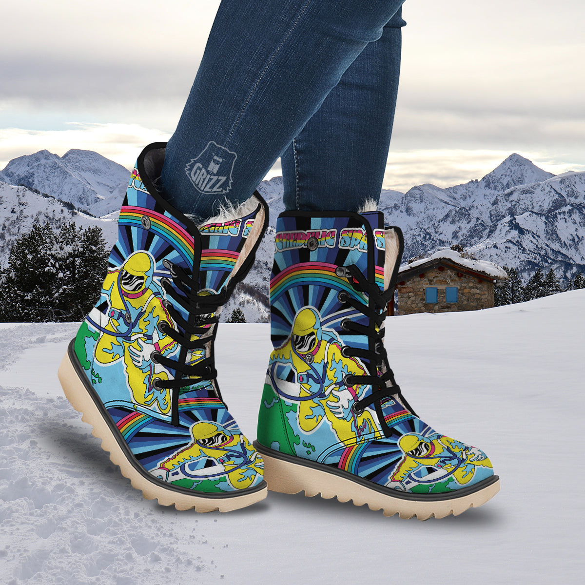 Psychedelic Space And Astronaut Print Snow Boots-grizzshop