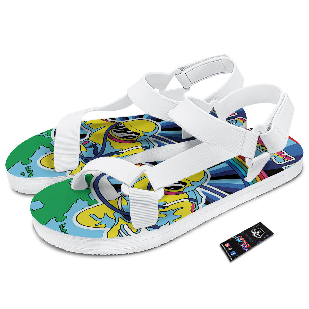 Psychedelic Space And Astronaut Print White Open Toe Sandals-grizzshop