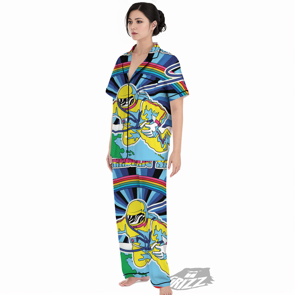 Psychedelic Space And Astronaut Print Women's Pajamas Set-grizzshop