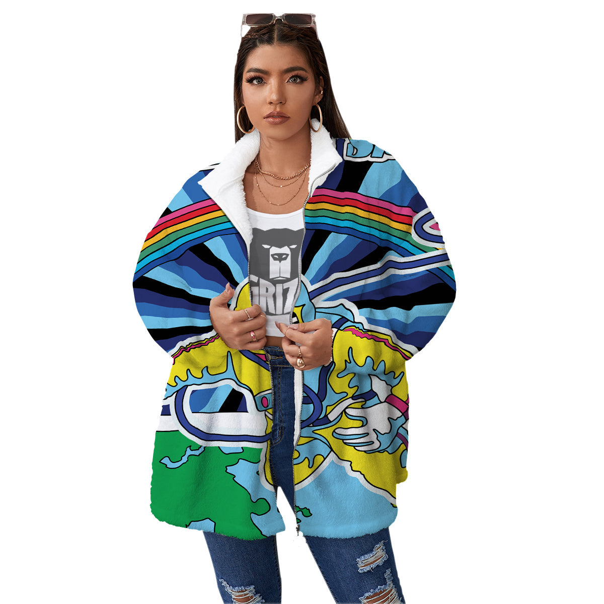 Psychedelic Space And Astronaut Print Women's Sherpa Jacket-grizzshop